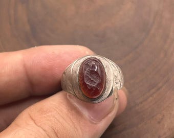 Anel antigo com entalhe de pássaro em ágata, prata de lei 925 genuína.