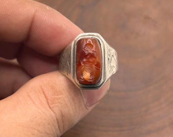Anillo antiguo de ágata con intaglio de rey romano, auténtica plata de ley 925.