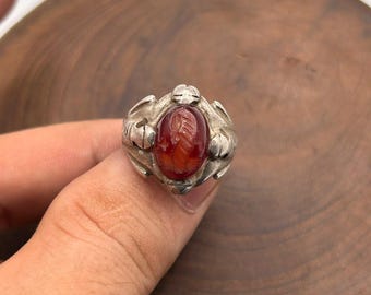 Antique Agate Bird Animal Intaglio Ring, Genuine 925 Sterling Silver