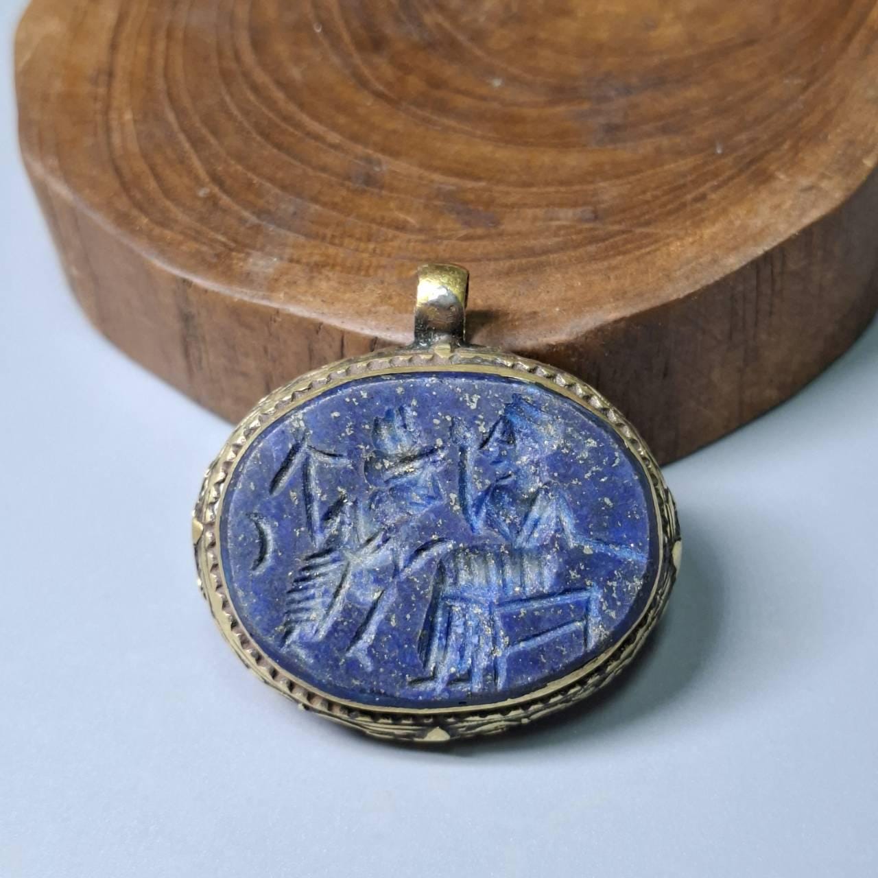 Antique Roman Greek Lapis Lazuli kings engraved stone old brass unique pendant