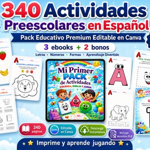 340 Actividades Preescolares en Español Editable en Canva | Spanish Preschool Worksheets | Printable Learning Pack PLR MRR