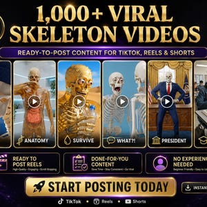 May include: A digital product advertisement titled 1,000+ VIRAL SKELETON VIDEOS featuring six video thumbnails of skeletons in various settings including a classroom and office, with text labels like BRAIN, ANATOMY, SURVIVE, WHAT?!, PRESIDENT, and STUDENT.