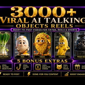 3000+ Viral AI Videos, Talking Objects Reels, Ready to Post Content, TikTok Reels Shorts Bundle, Faceless Content, Cat Videos