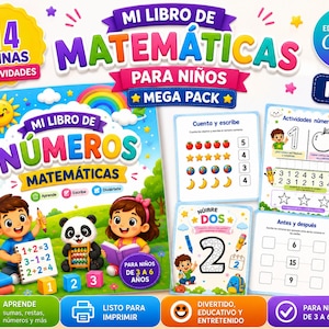 以下が含まれることがあります： Mi Libro de Números Matemáticasというタイトルの子供向け数学アクティビティブック。スパイラル綴じで、子供、パンダ、虹のカラフルなイラストが描かれています。数え方、書き方、数字の練習ができる印刷可能なワークシートと、鉛筆のキャラクターが含まれています。