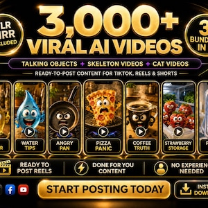 3000+ Viral AI Videos, Talking Objects Reels, Ready to Post Content, TikTok Reels Shorts Bundle, Faceless Content, PLR MRR Digital Download