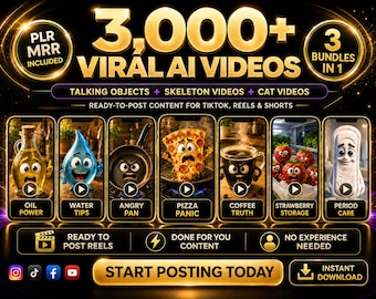 3000+ Viral AI Videos, Talking Objects Reels, Ready to Post Content, TikTok Reels Shorts Bundle, Faceless Content, PLR MRR Digital Download