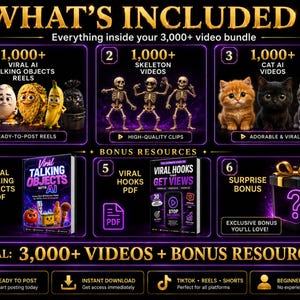 What is included in the 3000+ AI video bundle with talking objects, skeleton videos, cat videos, and PDF bonuses.
