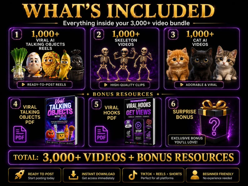 What is included in the 3000+ AI video bundle with talking objects, skeleton videos, cat videos, and PDF bonuses.