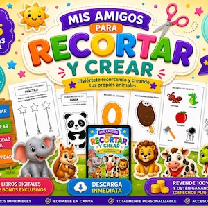 以下が含まれることがあります： 3〜6歳向けの、カラフルな教育用アクティビティセット。「MIS AMIGOS PARA RECORTAR Y CREAR」の文字入り。印刷可能な本とデジタルブック、動物のイラストを使った切り貼りや塗り絵などのアクティビティが含まれています。Canvaで編集可能。