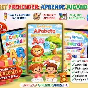 May include: Educational kit for pre-kindergarten children. The image shows three tablets with colorful learning materials, including tracing letters, coloring, and learning numbers. The kit includes two free notebooks and a total of 470 pages.