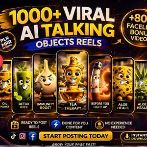 Puede incluir: Un anuncio digital que promociona "1000+ Viral AI Talking Objects Reels" y "+800 Faceless Bonus Videos." La imagen muestra personajes animados en pantallas de teléfonos inteligentes, con etiquetas como "Oil Power" y "Detox Juice." El texto "Descarga instantánea" también está presente.
