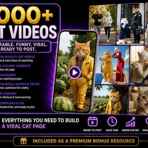 May include: A digital marketing graphic for 1000+ cat videos featuring a smartphone displaying an orange tabby cat in a yellow suit. The layout includes multiple smaller images of anthropomorphic cats in various outfits and settings, with purple text.