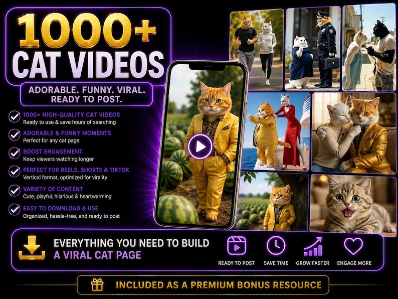 May include: A digital marketing graphic for 1000+ cat videos featuring a smartphone displaying an orange tabby cat in a yellow suit. The layout includes multiple smaller images of anthropomorphic cats in various outfits and settings, with purple text.