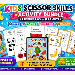 May include: A colorful Kids Scissor Skills Activity Bundle with 345 pages, designed for ages 3-6. The bundle includes printable ebooks, cutting, coloring, and fine motor activities. The image features illustrations of a panda, watermelon, and taco.