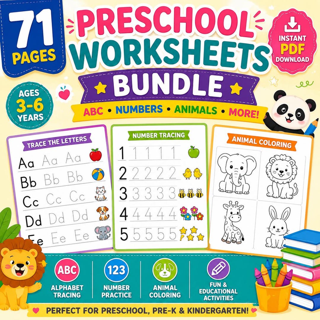 Preschool Worksheets Bundle PDF, Alphabet Letters, Numbers, Animals
