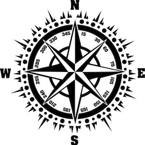 Puede incluir: Diseño de rosa de los vientos en blanco y negro con indicadores direccionales. La brújula presenta las letras N, E, S y O, junto con marcas de grados y un diseño central en forma de estrella. Es una imagen vectorial.