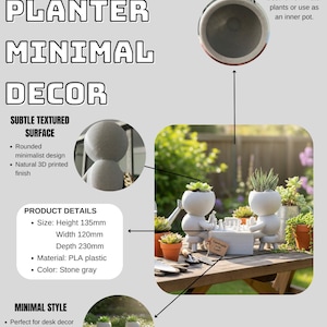 Puede incluir: Jardinera de personaje gris piedra con una superficie sutilmente texturizada. El diseño minimalista mide 13,5 cm de alto, 12 cm de ancho y 23 cm de profundidad. Hecha de plástico PLA, ideal para la decoración de escritorio. Sin agujero de drenaje.