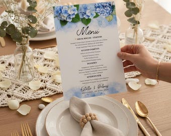 Plantilla moderna y editable para menú de boda en Canva, elegante diseño para cena, menú personalizado con los nombres de la pareja, descarga instantánea.