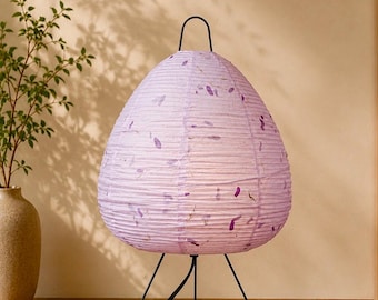 Handmade Purple Botanical Paper Lamp, Japanese Washi Akari Style Bedside Light