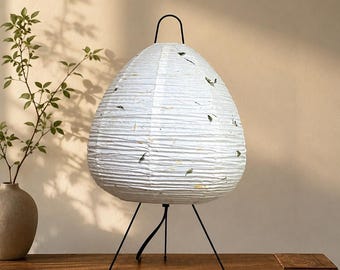 Botanical Kozo Paper Table Lamp, Japanese Style Bedside Light, Handmade Minimalist Decor