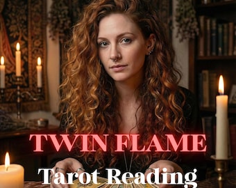 May include: A woman with long, curly red hair is the focal point of this image. The text "TWIN FLAME Tarot Reading" is displayed in a bold, red font. The image also includes lit candles and the text "Real Energy - Personalized."
