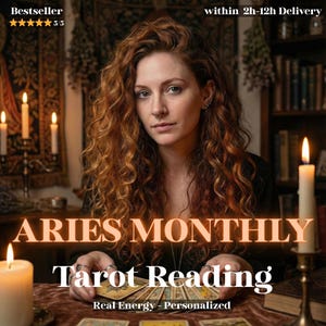 May include: A woman with long, curly red hair is centered in the image. The text "ARIES MONTHLY Tarot Reading" is displayed. Lit candles and tarot cards are visible. The text "Real Energy - Personalized" is also displayed.