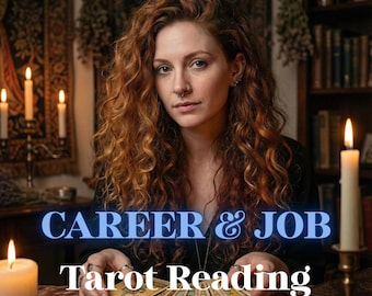 May include: A woman with long, curly red hair is centered in the image. Text overlay reads "CAREER & JOB Tarot Reading" and "Real Energy - Personalized." Lit candles and a bookshelf are in the background. The image is labeled "Bestseller."