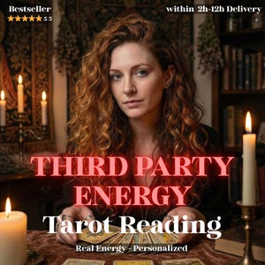 May include: A woman with long, curly red hair is the focal point of this image. The text "THIRD PARTY ENERGY Tarot Reading" is displayed in a bold, red font. The words "Real Energy - Personalized" are also visible. Lit candles and tarot cards are in the foreground.