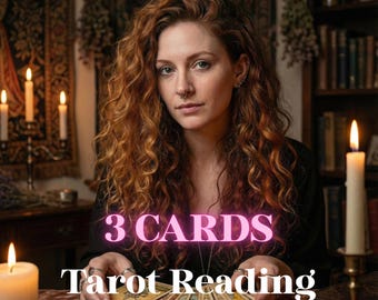 May include: A woman with long, curly red hair is centered in the image. The text "3 CARDS Tarot Reading" is displayed in a pink neon font. The text "Real Energy - Personalized" is below. Lit candles and a bookshelf are in the background.