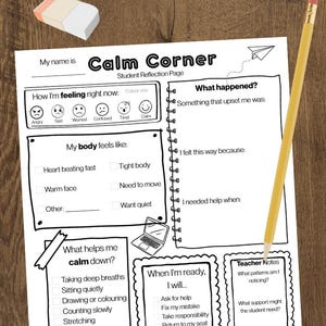 Hojas de reflexión para el Rincón de la Calma / Herramienta de SEL para la calma / Imprimibles de regulación emocional para el aula (Versiones primaria y secundaria)