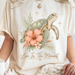 Live in Moment PNG, Sea Turtle Hibiscus Flower Sublimation, Retro Teal Turtle Design, Tropical Celestial Ocean Art, Summer design png