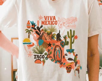 Viva Mexico Graphic Tee PNG, Retro Mexican Culture Sublimation Design, Folk Art Travel Poster Style, Boho Taco Cactus Chichen Itza Clipart