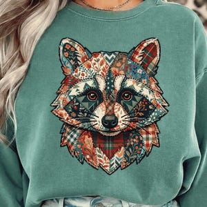 Patchwork Raccoon PNG, Retro Quilt Style Forest Animal Clipart (Digital Download)