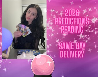 May include: A person with long dark hair holding a fan of tarot cards, with a purple background featuring white star graphics and the text 2026 PREDICTIONS READING SAME DAY DELIVERY, alongside a pink crystal ball illustration on a black base.