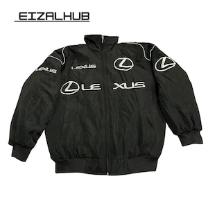 May include: Black zip-up jacket featuring white "LEXUS" branding and logo. The jacket has a stand-up collar, white piping, and ribbed cuffs and hem. The brand name "EIZALHUB" is printed at the top.