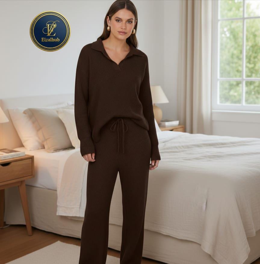 Tuopuda Dames 2-delig trainingspak dames geribbelde loungewear gebreide outfits pyjama set nachtkleding homewear V-hals lange mouwen truien en wijde pijpen broek met zakken, Lichtgrijs, XL