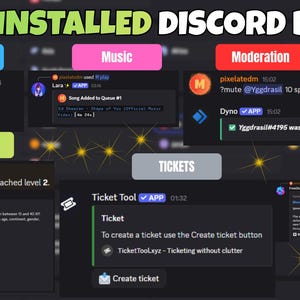 May include: Image showcasing pre-installed Discord bots with features like counting, music, moderation, levels, tickets, and free games. Each bot's interface is displayed with its specific functions and settings.