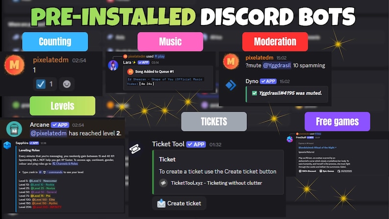 May include: Image showcasing pre-installed Discord bots with features like counting, music, moderation, levels, tickets, and free games. Each bot's interface is displayed with its specific functions and settings.