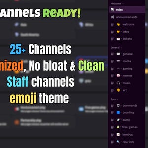 May include: Screenshot of a dark-themed interface with text that reads "CHANNELS READY!" and "25+ Channels." Other text includes "Organized, No bloat & Clean," "Staff channels," and "emoji theme."
