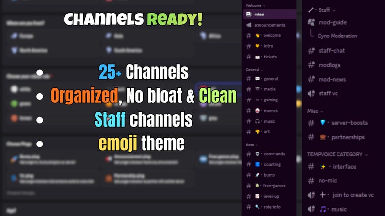 May include: Screenshot of a dark-themed interface with text that reads "CHANNELS READY!" and "25+ Channels." Other text includes "Organized, No bloat & Clean," "Staff channels," and "emoji theme."
