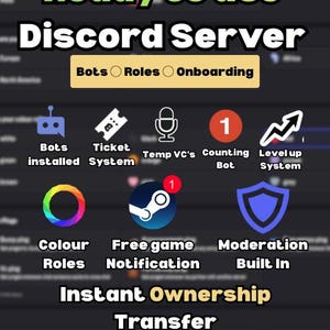 Op de afbeelding: Een promotieafbeelding voor een Discord-server, met functies zoals bots, rollen en onboarding. De afbeelding bevat pictogrammen die ticketsystemen, tijdelijke spraakkanalen en level-upsystemen vertegenwoordigen. Tekst luidt "Ready to use Discord Server" en "Instant Ownership Transfer."