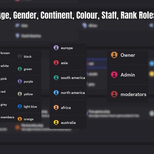 May include: A dark interface displays options for age, gender, continent, color, staff, and rank roles. Categories include age ranges, gender, continents, colors, staff roles like Owner and Admin, and rank levels from Newcomer to Infinity.