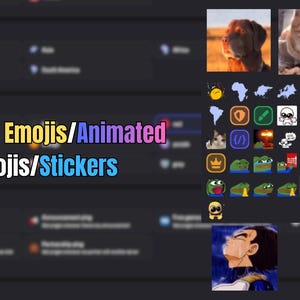 May include: Image featuring a dark interface with the text "Over 90+ Emojis/Animated Emojis/Stickers" in colorful text. The image includes various emojis, stickers, and animated images, including animal faces and cartoon characters.