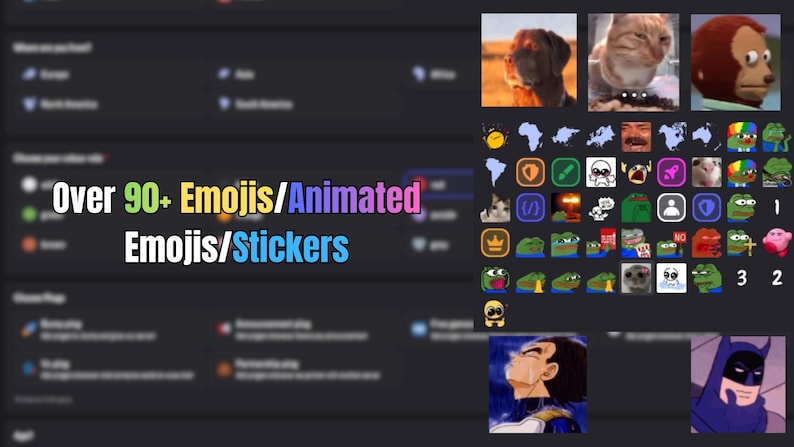 May include: Image featuring a dark interface with the text "Over 90+ Emojis/Animated Emojis/Stickers" in colorful text. The image includes various emojis, stickers, and animated images, including animal faces and cartoon characters.