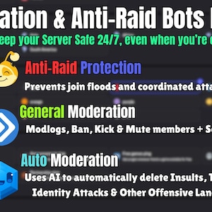 May include: Image promoting server moderation tools. Text reads "Moderation & Anti-Raid Bots Built In." Features include Anti-Raid Protection, General Moderation, and Auto Moderation. Logos for Beemo, Dyno, and Sapphire are also displayed.