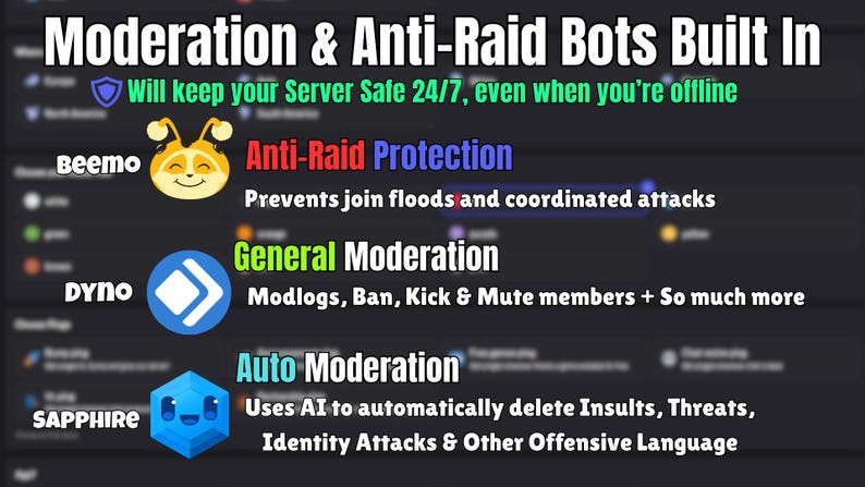 May include: Image promoting server moderation tools. Text reads "Moderation & Anti-Raid Bots Built In." Features include Anti-Raid Protection, General Moderation, and Auto Moderation. Logos for Beemo, Dyno, and Sapphire are also displayed.