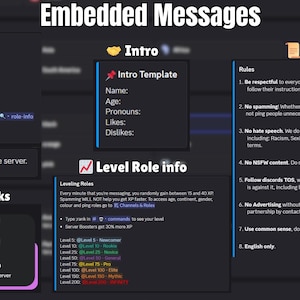 May include: A dark-themed Discord server interface with embedded messages. The image displays sections for joining/leaving, an intro template, rules, and level role information. Text includes "Welcome!", "Rules", and "Leveling Roles".
