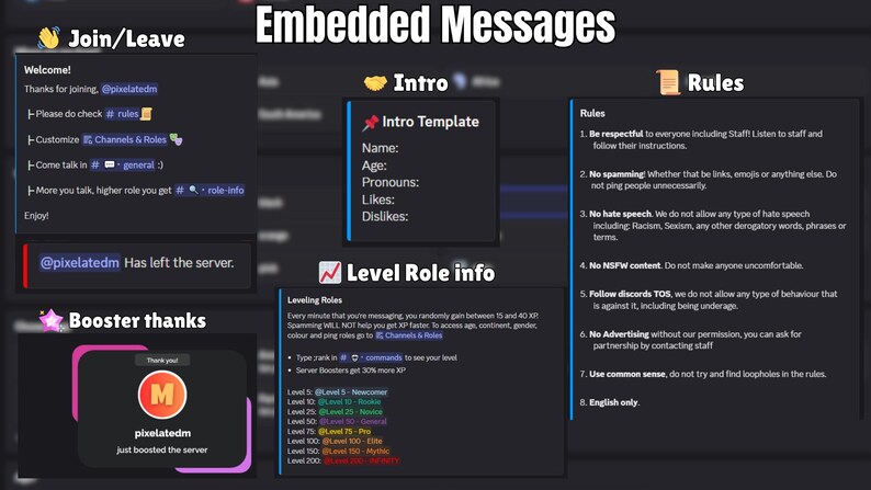 May include: A dark-themed Discord server interface with embedded messages. The image displays sections for joining/leaving, an intro template, rules, and level role information. Text includes "Welcome!", "Rules", and "Leveling Roles".