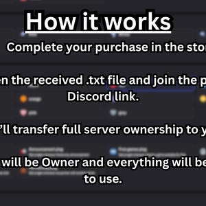 May include: A dark background with white text detailing a four-step process. The text reads "How it works" followed by instructions: complete purchase, open .txt file, join Discord, and server ownership transfer.