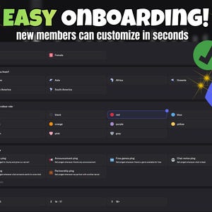 May include: A dark interface with the text "EASY ONBOARDING!" and "new members can customize in seconds". The interface includes options for gender, location, color roles, and pings. A blue Discord logo is visible.